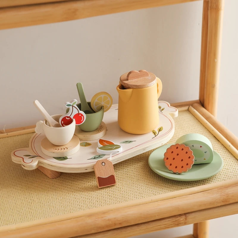 Wooden Montessori Toy Afternoon Tea Set Children Playing House Silicone Cups Pretend Play Food Learning Role Early Education Toy