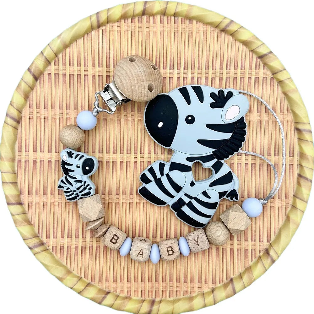 Personalized English Wooden Letters Name Baby Silicone Zebra Pendant Pacifier Clips Chains Holder Teether Baby Kawaii Toy Gifts