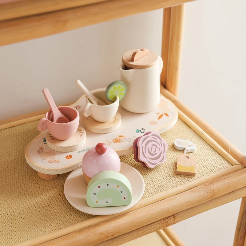 Wooden Montessori Toy Afternoon Tea Set Children Playing House Silicone Cups Pretend Play Food Learning Role Early Education Toy