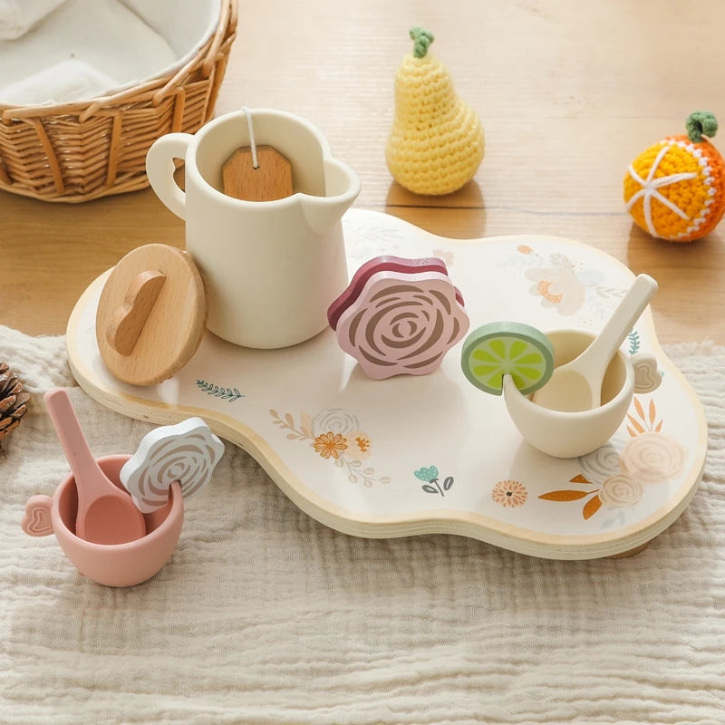 Wooden Montessori Toy Afternoon Tea Set Children Playing House Silicone Cups Pretend Play Food Learning Role Early Education Toy