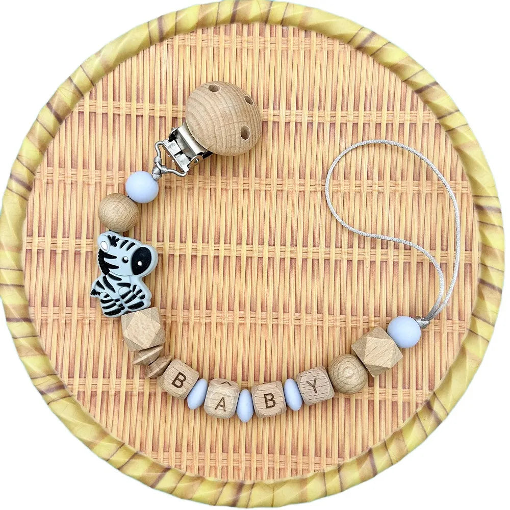 Personalized English Wooden Letters Name Baby Silicone Zebra Pendant Pacifier Clips Chains Holder Teether Baby Kawaii Toy Gifts