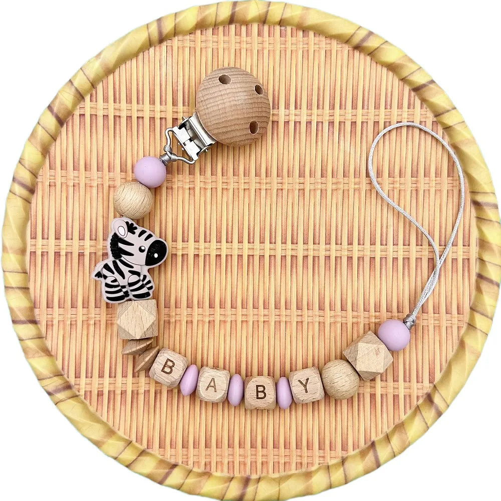 Personalized English Wooden Letters Name Baby Silicone Zebra Pendant Pacifier Clips Chains Holder Teether Baby Kawaii Toy Gifts