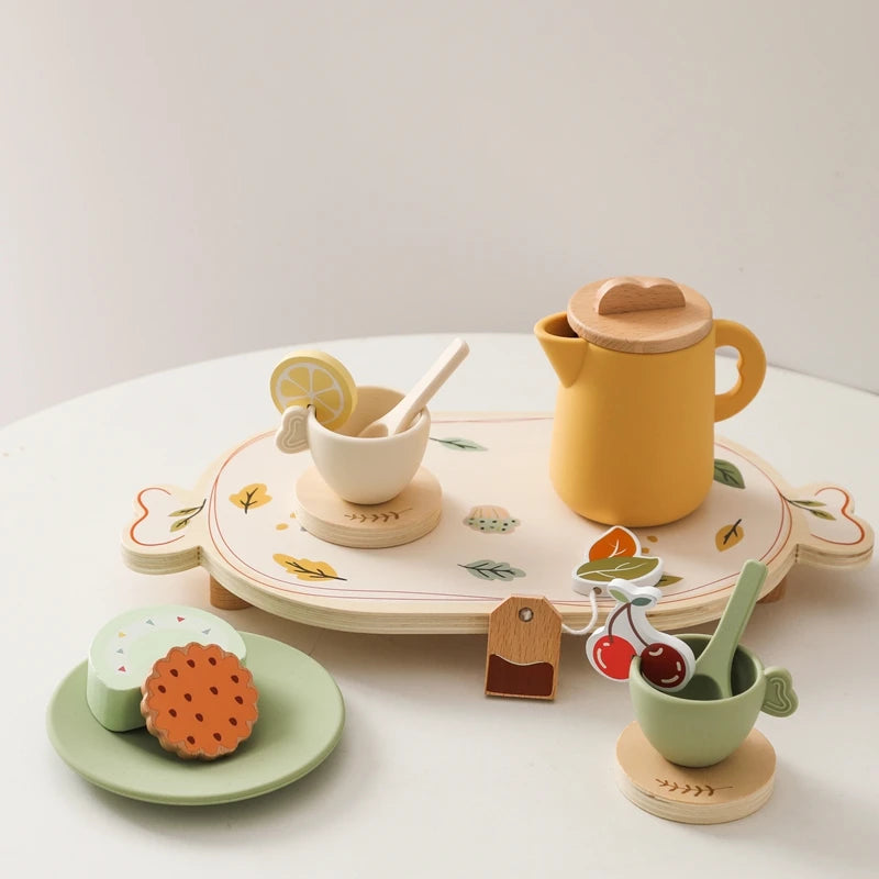 Wooden Montessori Toy Afternoon Tea Set Children Playing House Silicone Cups Pretend Play Food Learning Role Early Education Toy