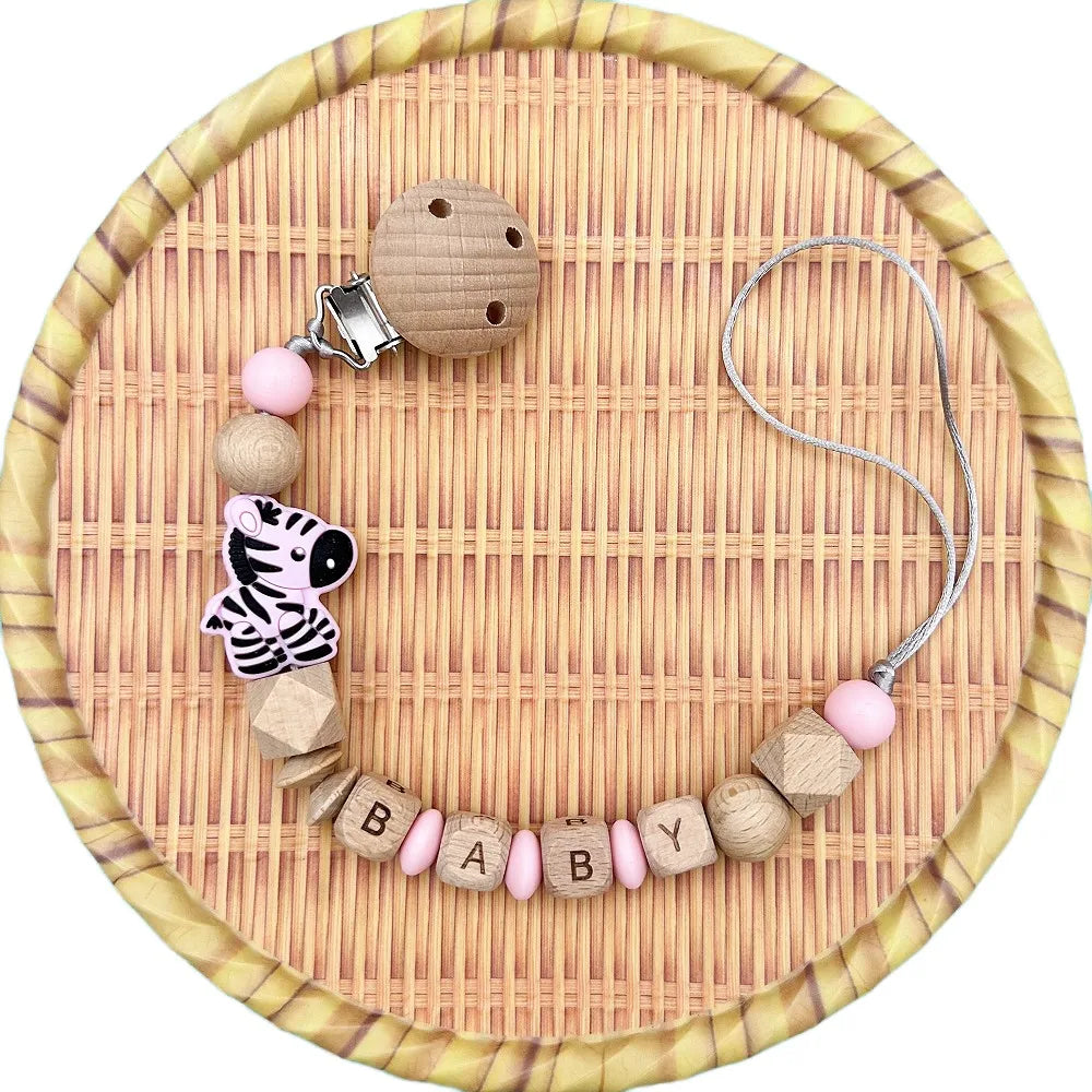 Personalized English Wooden Letters Name Baby Silicone Zebra Pendant Pacifier Clips Chains Holder Teether Baby Kawaii Toy Gifts