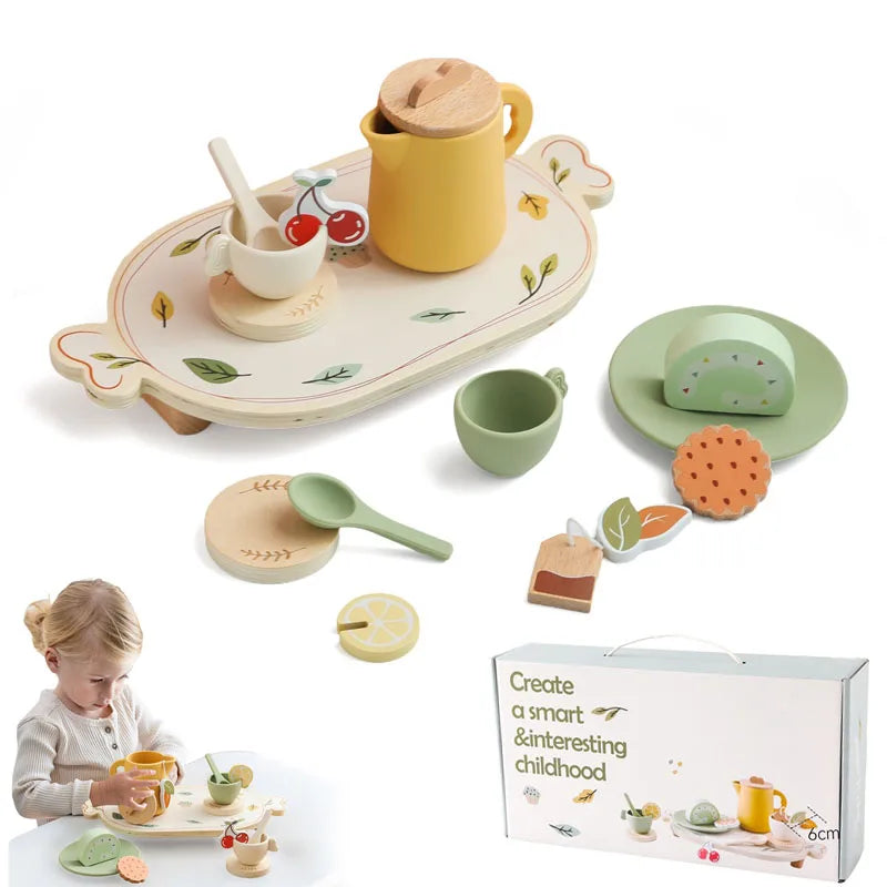 Wooden Montessori Toy Afternoon Tea Set Children Playing House Silicone Cups Pretend Play Food Learning Role Early Education Toy