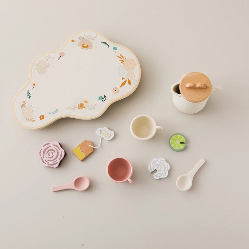 Wooden Montessori Toy Afternoon Tea Set Children Playing House Silicone Cups Pretend Play Food Learning Role Early Education Toy