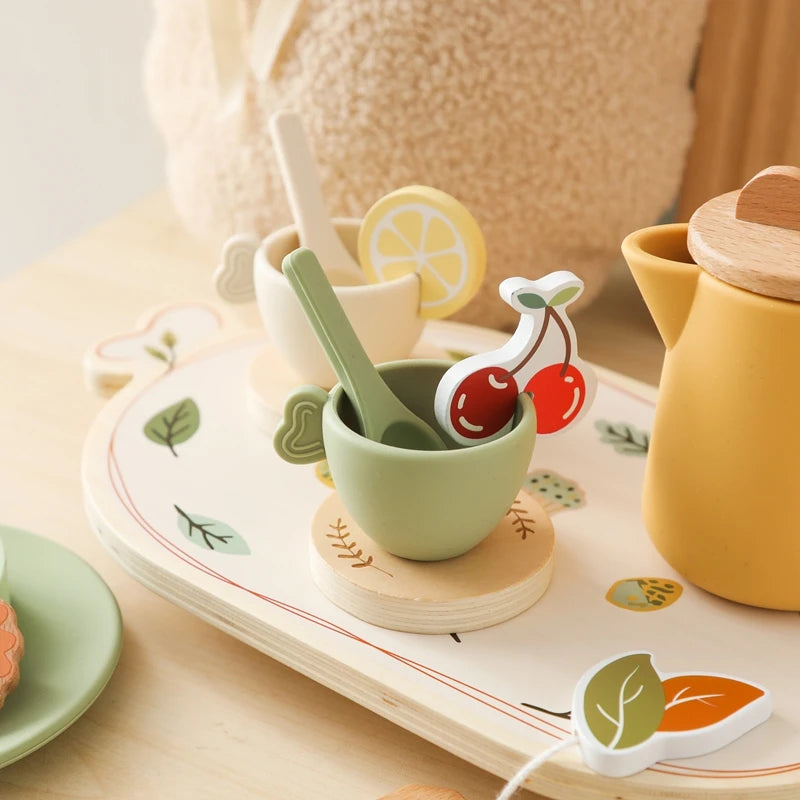 Wooden Montessori Toy Afternoon Tea Set Children Playing House Silicone Cups Pretend Play Food Learning Role Early Education Toy