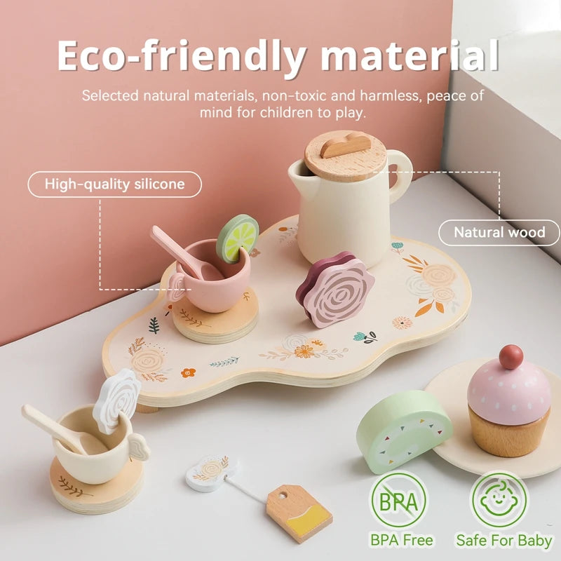 Wooden Montessori Toy Afternoon Tea Set Children Playing House Silicone Cups Pretend Play Food Learning Role Early Education Toy