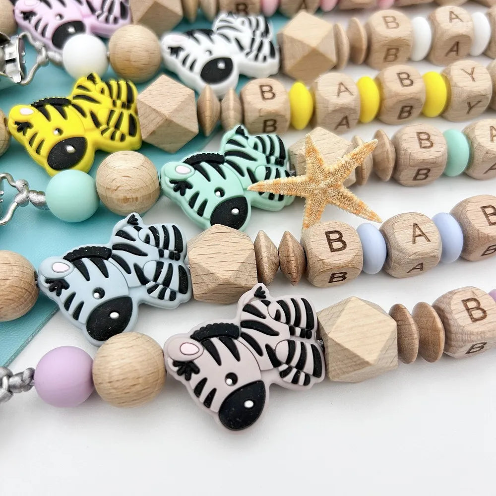 Personalized English Wooden Letters Name Baby Silicone Zebra Pendant Pacifier Clips Chains Holder Teether Baby Kawaii Toy Gifts