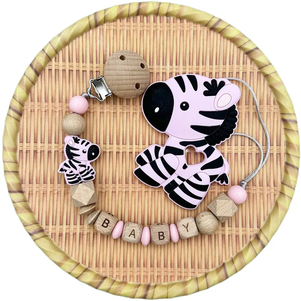 Personalized English Wooden Letters Name Baby Silicone Zebra Pendant Pacifier Clips Chains Holder Teether Baby Kawaii Toy Gifts