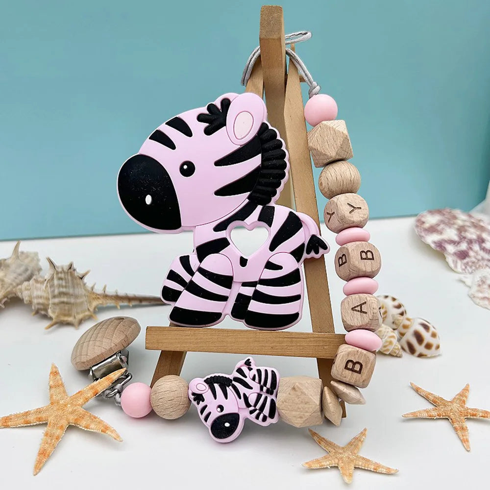 Personalized English Wooden Letters Name Baby Silicone Zebra Pendant Pacifier Clips Chains Holder Teether Baby Kawaii Toy Gifts