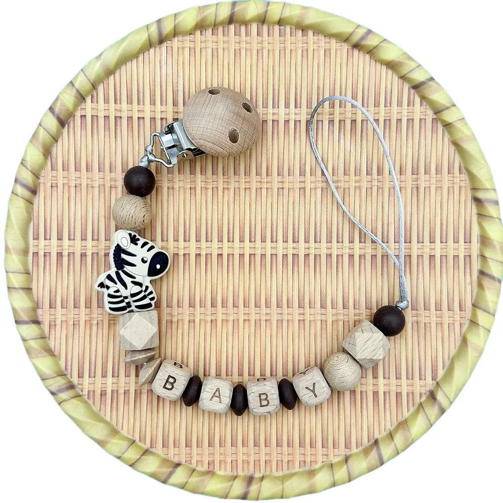 Personalized English Wooden Letters Name Baby Silicone Zebra Pendant Pacifier Clips Chains Holder Teether Baby Kawaii Toy Gifts