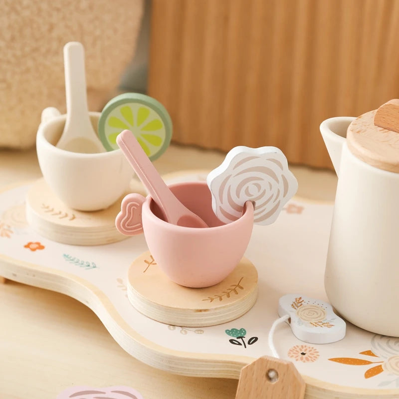 Wooden Montessori Toy Afternoon Tea Set Children Playing House Silicone Cups Pretend Play Food Learning Role Early Education Toy