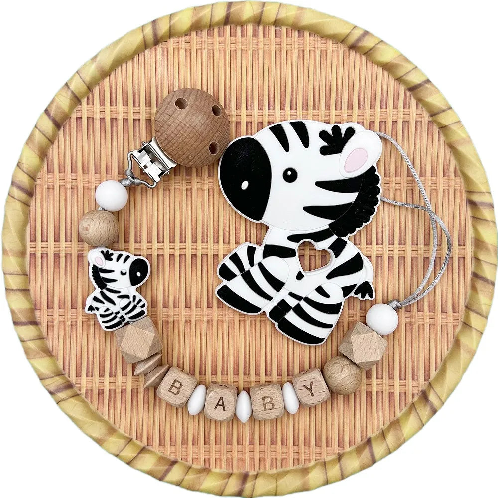 Personalized English Wooden Letters Name Baby Silicone Zebra Pendant Pacifier Clips Chains Holder Teether Baby Kawaii Toy Gifts