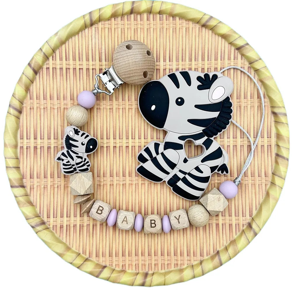 Personalized English Wooden Letters Name Baby Silicone Zebra Pendant Pacifier Clips Chains Holder Teether Baby Kawaii Toy Gifts