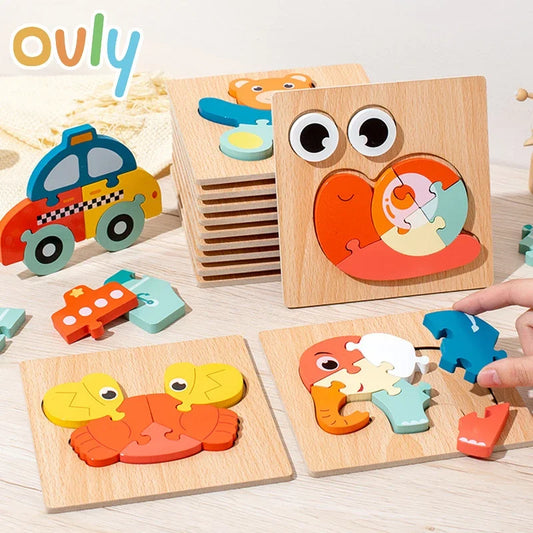 4Pcs Children 3D Wooden Animal Puzzle Kindergarten Early Education Development Stereoscopic Toddlers Toys for 2-3 Year Old Baby