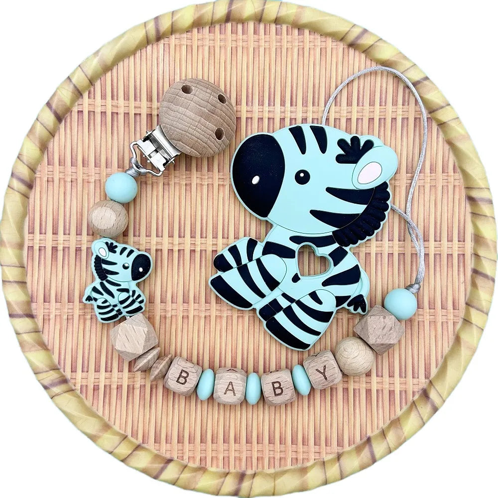 Personalized English Wooden Letters Name Baby Silicone Zebra Pendant Pacifier Clips Chains Holder Teether Baby Kawaii Toy Gifts