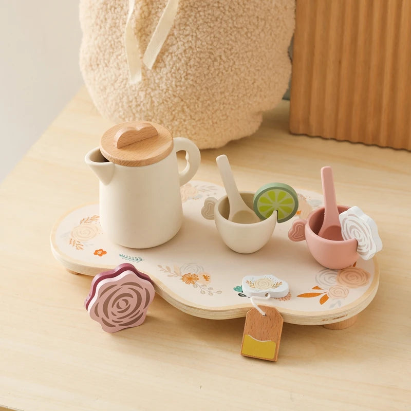 Wooden Montessori Toy Afternoon Tea Set Children Playing House Silicone Cups Pretend Play Food Learning Role Early Education Toy