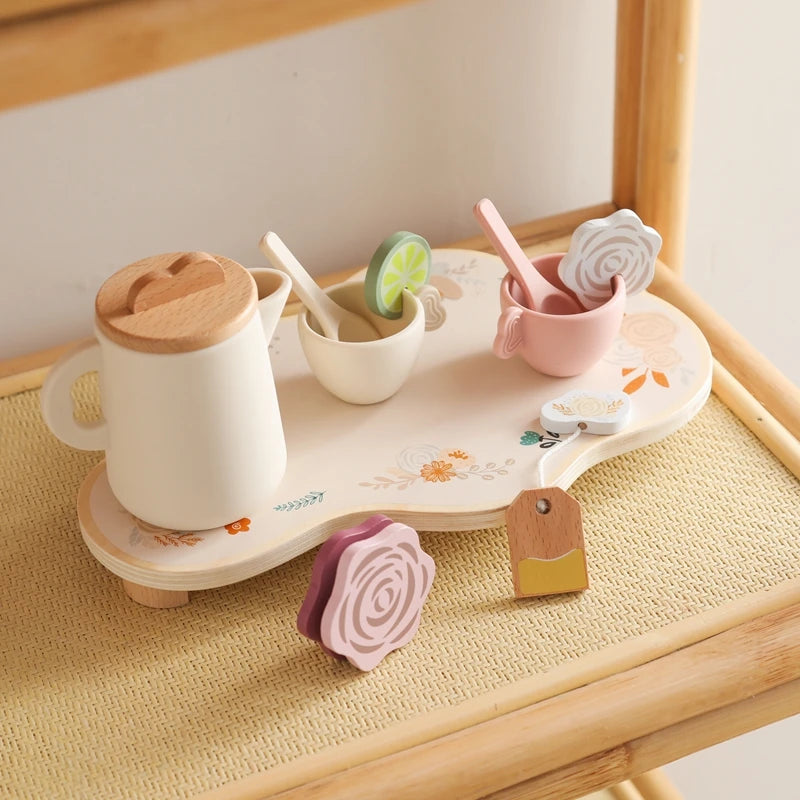 Wooden Montessori Toy Afternoon Tea Set Children Playing House Silicone Cups Pretend Play Food Learning Role Early Education Toy