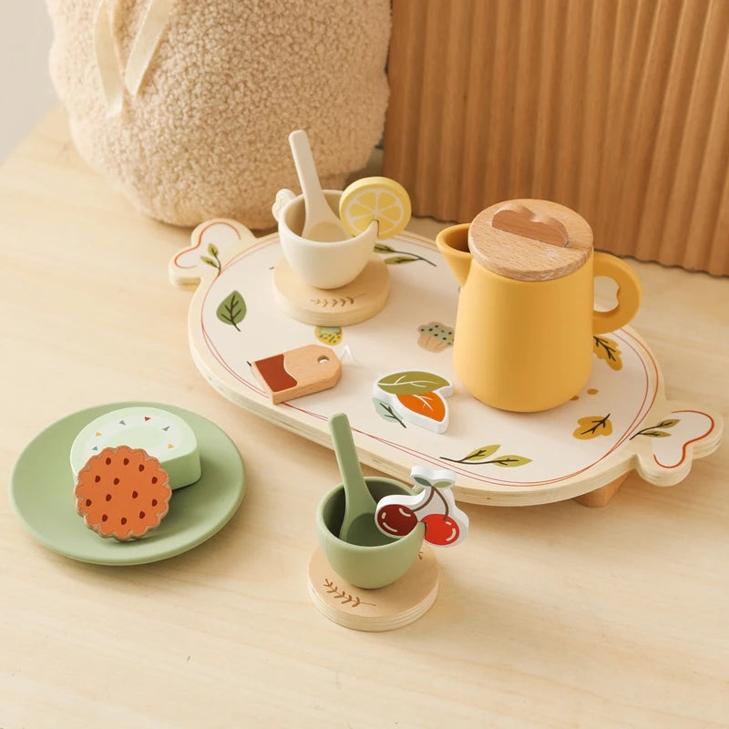 Wooden Montessori Toy Afternoon Tea Set Children Playing House Silicone Cups Pretend Play Food Learning Role Early Education Toy