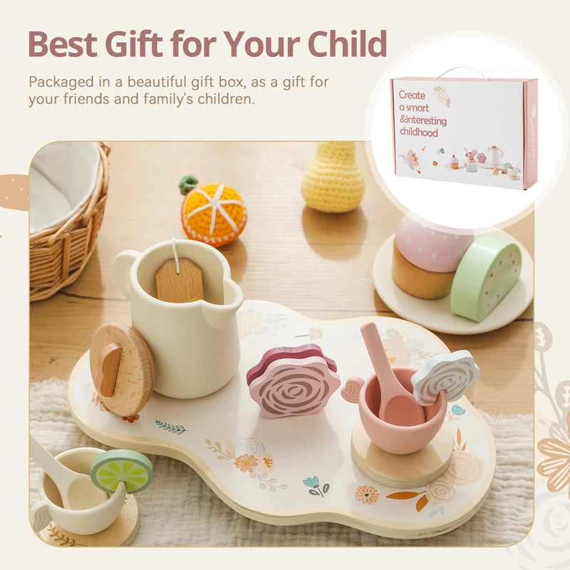 Wooden Montessori Toy Afternoon Tea Set Children Playing House Silicone Cups Pretend Play Food Learning Role Early Education Toy