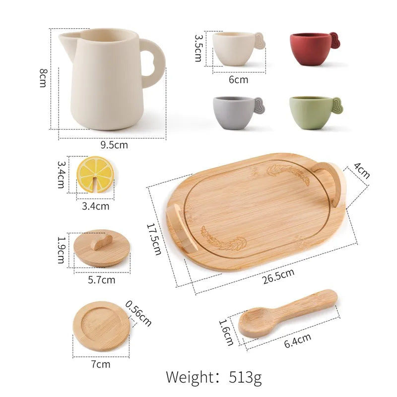 Wooden Montessori Toy Afternoon Tea Set Children Playing House Silicone Cups Pretend Play Food Learning Role Early Education Toy