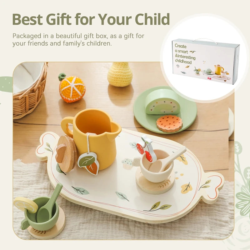 Wooden Montessori Toy Afternoon Tea Set Children Playing House Silicone Cups Pretend Play Food Learning Role Early Education Toy