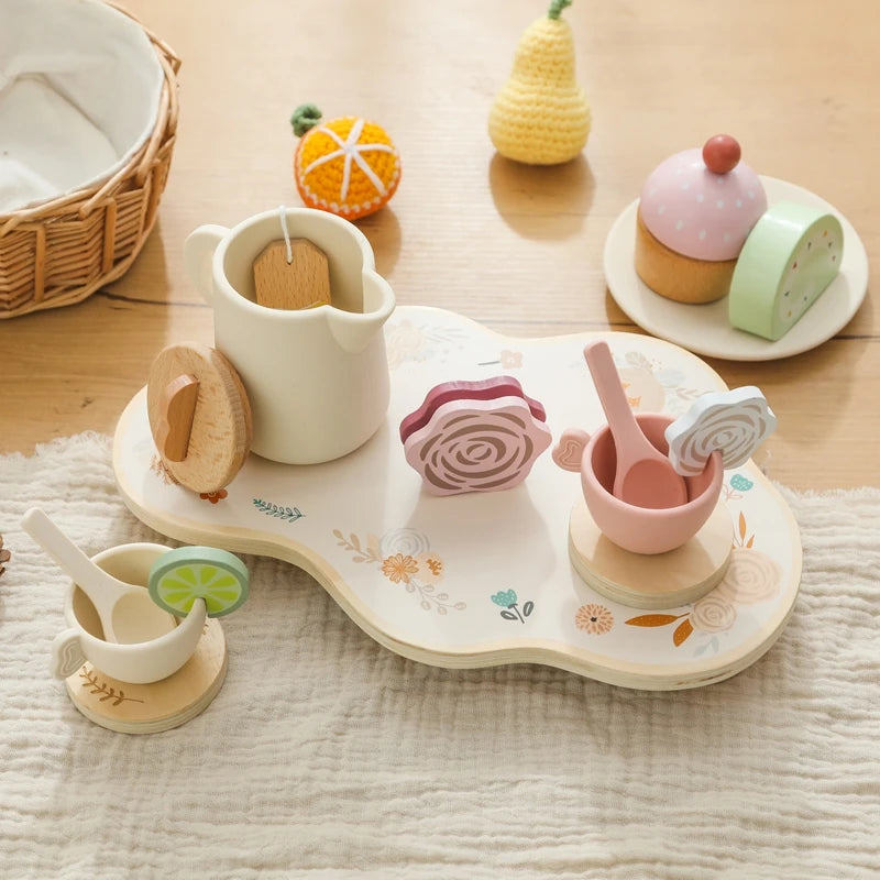 Wooden Montessori Toy Afternoon Tea Set Children Playing House Silicone Cups Pretend Play Food Learning Role Early Education Toy