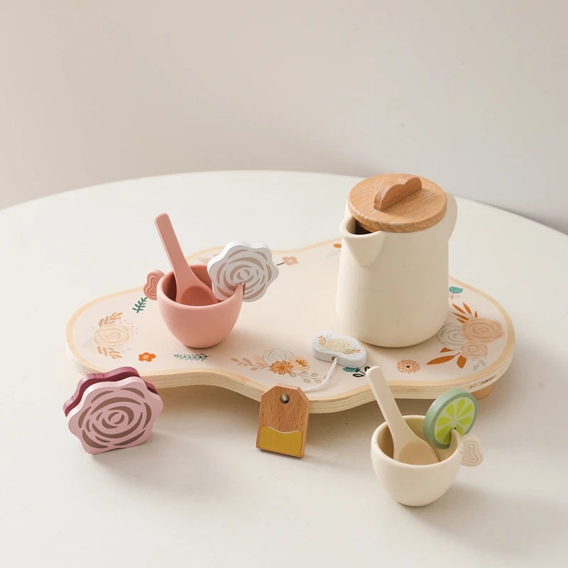 Wooden Montessori Toy Afternoon Tea Set Children Playing House Silicone Cups Pretend Play Food Learning Role Early Education Toy