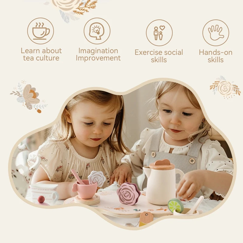 Wooden Montessori Toy Afternoon Tea Set Children Playing House Silicone Cups Pretend Play Food Learning Role Early Education Toy