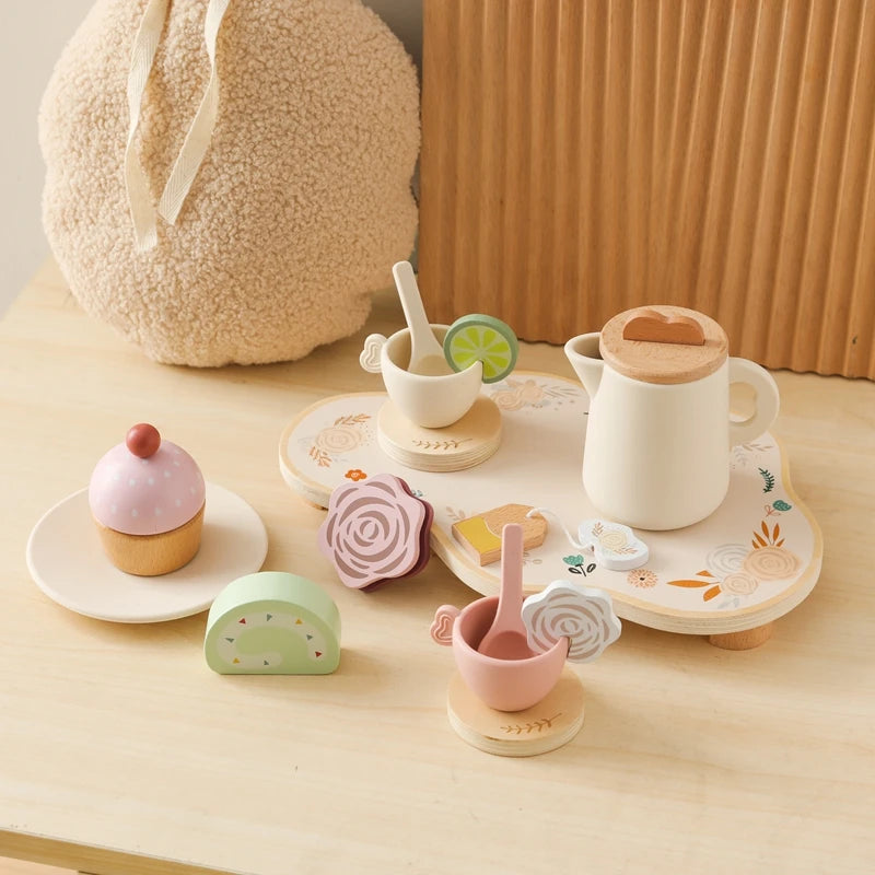 Wooden Montessori Toy Afternoon Tea Set Children Playing House Silicone Cups Pretend Play Food Learning Role Early Education Toy