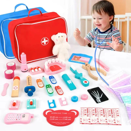 Pretend Play Doctor Toys Wooden Simulation Dentist Check Brush Teeth Medicine Set Role Playing Educational Toys For Children Kid